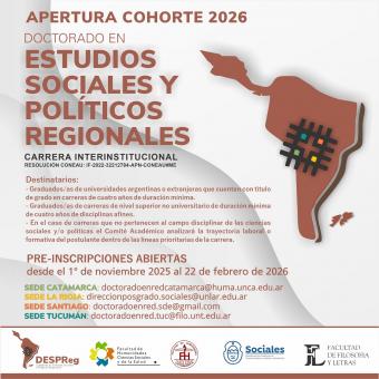 Preinscripciones abiertas: Doctorado en estudios Sociales y PolÃticos Regionales